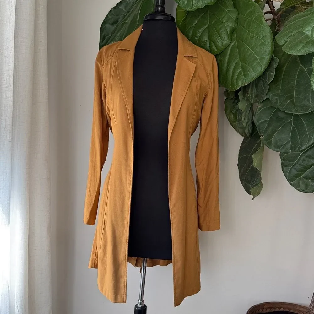 Forever 21 Mustard Yellow Longline Tie Waist Lightweight Blazer Jacket